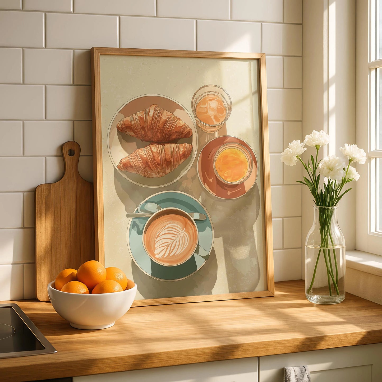 Coffee &amp; Croissant Breakfast Canvas – Retro Cafe Kitchen Wall Art