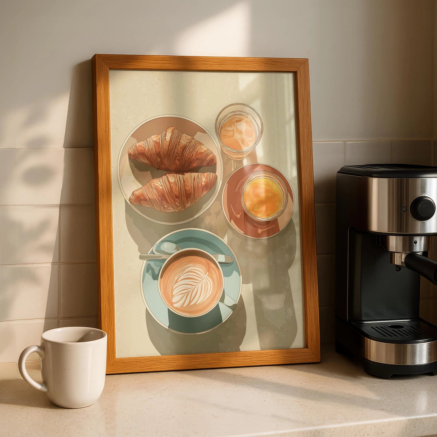 Coffee &amp; Croissant Breakfast Canvas – Retro Cafe Kitchen Wall Art
