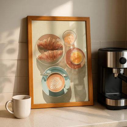 Coffee &amp; Croissant Breakfast Canvas – Retro Cafe Kitchen Wall Art
