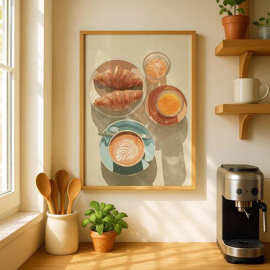 Coffee &amp; Croissant Breakfast Canvas – Retro Cafe Kitchen Wall Art